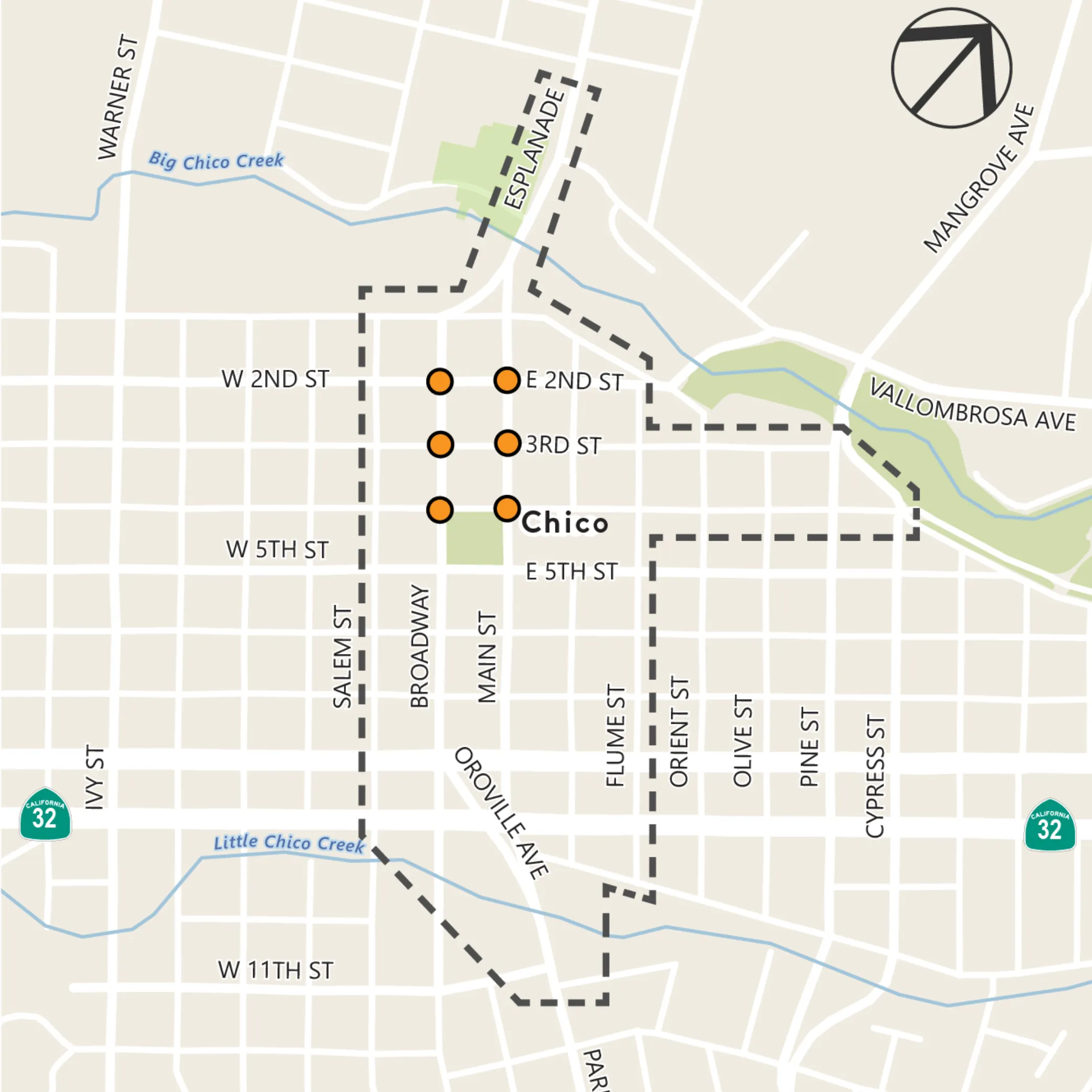 Downtown Chico project area map, showing the corridor from 2nd to 5th on Main & Broadway