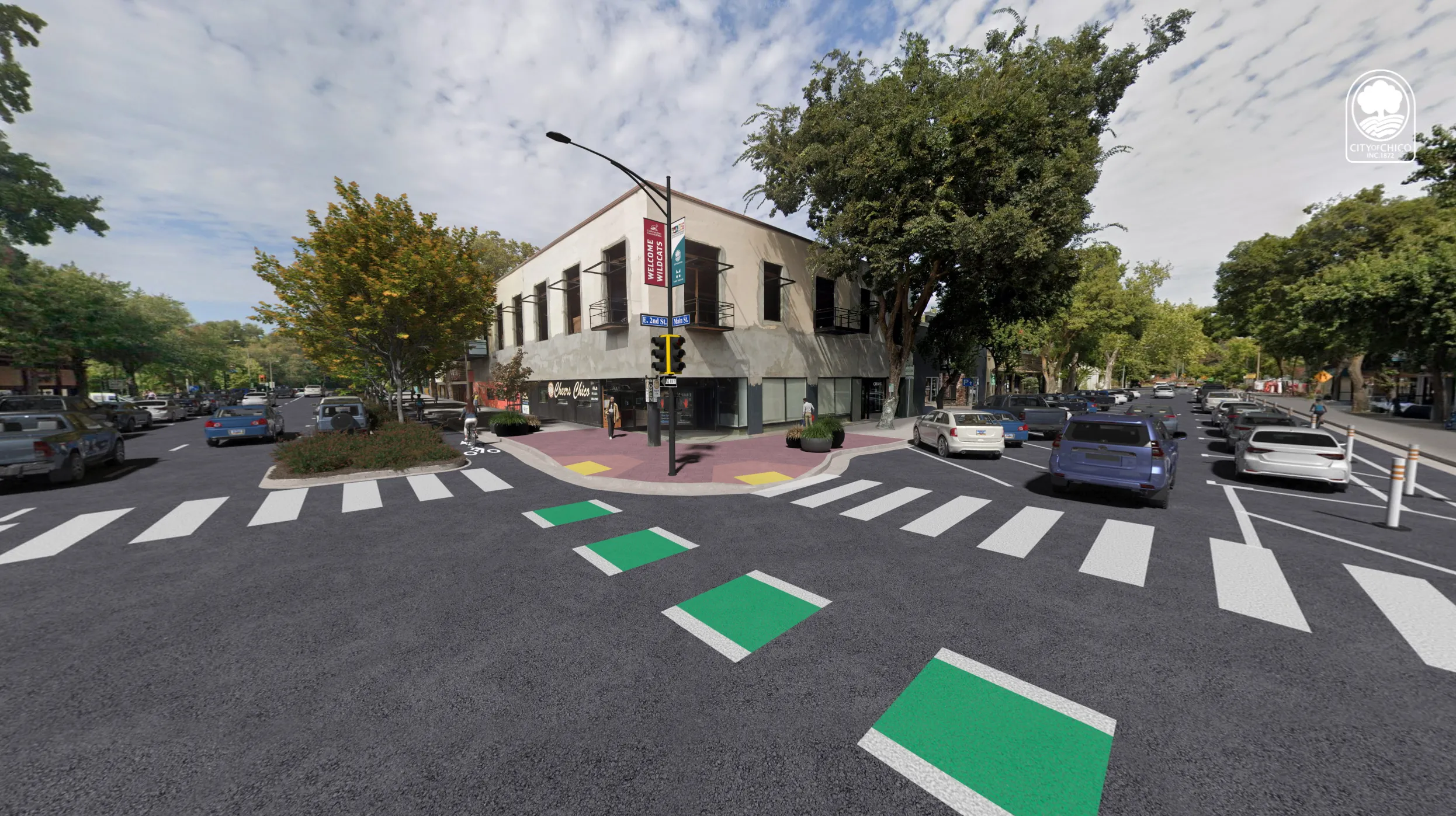 Main & 2nd — new protected bike crossing and widened sidewalk